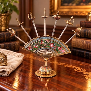 Op de afbeelding: Een decoratieve metalen standaard in de vorm van een open waaier met zes miniatuur cocktailprikkers in de vorm van zwaarden. De waaier is voorzien van kleurrijke bloemrijke emaille details en het woord TOLEDO gegraveerd op de voet.