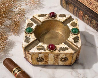 Cenicero vintage con incrustaciones de hueso, cuenco de latón con decoración de piedras preciosas, hecho a mano, estilo bohemio oriental.