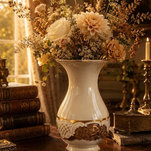 Pode incluir: Um vaso de cerâmica branco com detalhes dourados, preenchido com um buquê de flores creme e pêssego. O vaso está sobre uma mesa de madeira escura, ao lado de uma pilha de livros e objetos decorativos, criando um arranjo floral elegante.