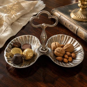 May include: A silver-toned metal serving dish featuring two shell-shaped bowls connected by a central vertical handle with a decorative loop. One bowl contains assorted chocolates in gold and brown wrappers, while the other holds whole walnuts and almonds.