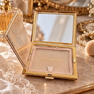 Peut inclure: Un poudrier carré en métal doré avec un couvercle à charnière. L'intérieur présente un miroir rectangulaire et un compartiment doublé de tissu beige avec le texte Christian Dior en relief. Le poudrier est ouvert, révélant une petite languette.
