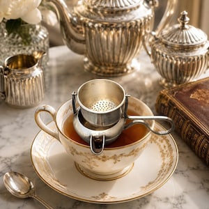 Può includere: Un colino da tè in argento poggia all'interno di una tazza in porcellana bianca con bordo floreale dorato, riempita di tè ambrato. Il set include un piattino abbinato, un cucchiaino, una teiera, una zuccheriera e una lattiera in argento.