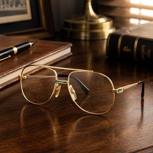Peut inclure: Lunettes de type aviateur dorées dotées d'un double pont et de fines montures en métal. Les branches et le pont sont ornés de petites incrustations rectangulaires vertes. Les verres clairs sont entourés d'une structure métallique légère.