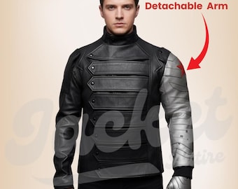 Bucky Barnes Winter Soldier Jacket | Captain America Bucky Barnes Cosplay Costume | Black Leather Jacket With Detachable Arm