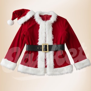 May include: A red Santa Claus costume set. The set includes a jacket, hat, and belt. The jacket and hat are trimmed with white faux fur. The black belt has a gold-colored buckle. The costume is made of a soft, velvety material.