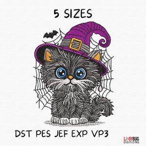 Halloween Witch Cat Embroidery Design – Cute Kitten with Hat & Web Machine File