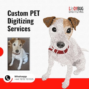 May include: An illustration of a Jack Russell Terrier with brown and white fur, wearing a red collar. The image also includes a smaller photo of the dog and text that reads "Custom PET Digitizing Services."