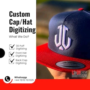 May include: A navy blue and red snapback cap with a white embroidered logo. The cap features the text "Custom Cap/Hat Digitizing" and lists services like 3D Puff Digitizing, Front Hat Digitizing, and Back Cap Digitizing.