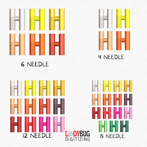 Op de afbeelding: Een digitale borduurontwerpgrafiek met de letter "H" in verschillende kleuren, waaronder zilver, geel, oranje en rood. De grafiek toont verschillende naaldaantallen: 4, 6, 12 en 15. Het logo "LADYBUG DIGITIZING" is ook zichtbaar.