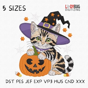 Halloween Cat Embroidery Design: Kitten with Pumpkin & Witch Hat (5 Sizes, Digital Download
