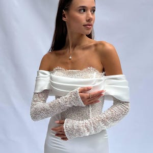 Lace and Satin Wedding Dress with Slit, Detachable Sleeves & Bow, Elegant Corset Bridal Gown with Train, Simple Maxi White Wedding Dress