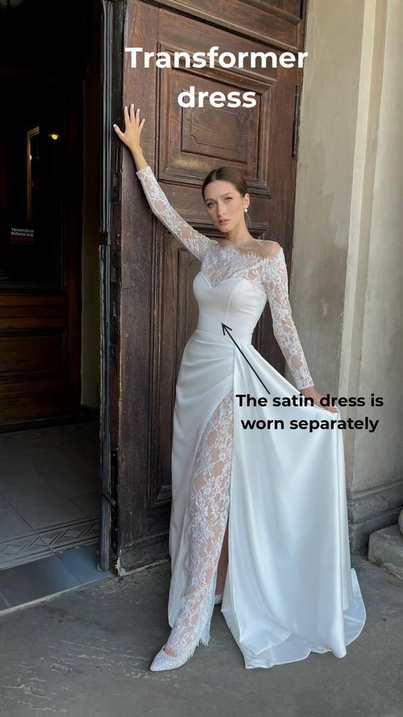 fitted lace wedding dress Zapaka Women Ivory Lace Long Wedding Reception Dress with Sleeves A Line Boat Neck Rehearsal Dinner Dress, Ivory / US6 main image 1