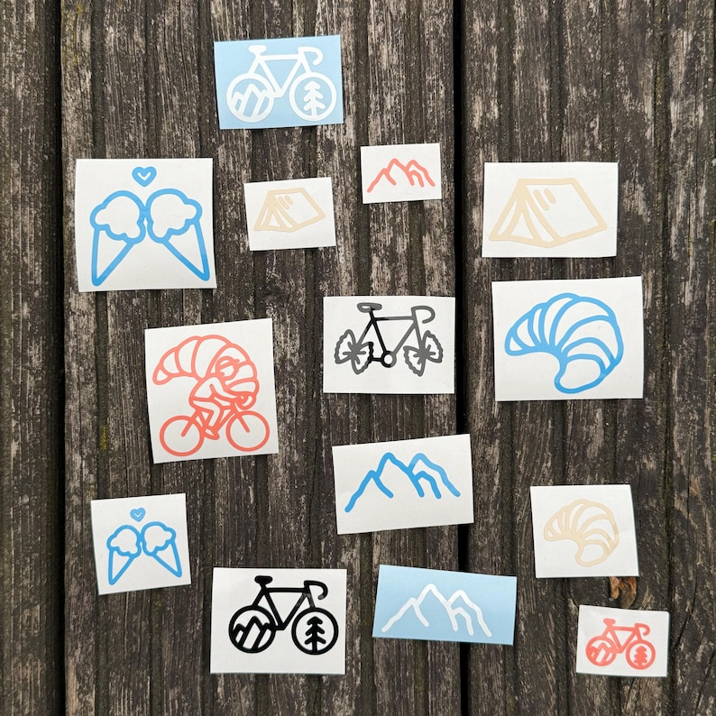 Minimalistischer Fahrrad Sticker – Motive wie Croissant, Zelt, Eis, Berg und Bike von Sonntagsschön