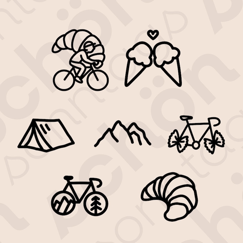 Minimalistische Fahrrad Sticker Designs – Eis, Croissant, Berg, Zelt und Bike Symbole von Sonntagsschön