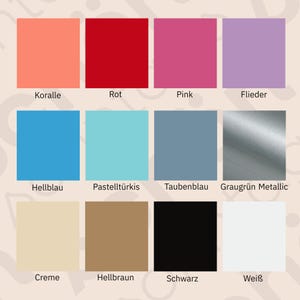 May include: A color palette featuring twelve square swatches. Colors include coral, red, pink, lilac, light blue, turquoise, slate blue, metallic gray-green, cream, brown, black, and white. Each swatch has a German color name below it.
