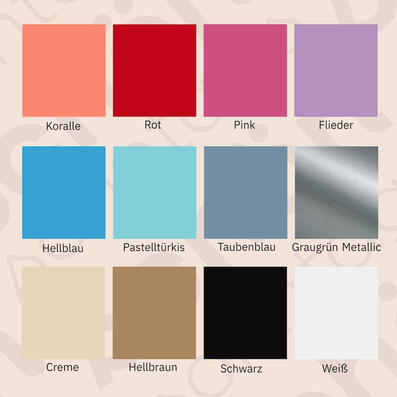 May include: A color palette featuring twelve square swatches. Colors include coral, red, pink, lilac, light blue, turquoise, slate blue, metallic gray-green, cream, brown, black, and white. Each swatch has a German color name below it.
