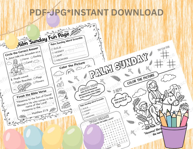 Palm Sunday Kids Activity Sheets, Bible Coloring Page (digital Download ...