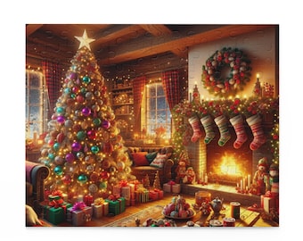 Puede incluir: Un rompecabezas con temática navideña que representa una acogedora escena de salón. Un árbol de Navidad decorado con adornos y luces se encuentra junto a una chimenea con calcetines. Los regalos están debajo del árbol y en el suelo. Una corona cuelga sobre la chimenea.
