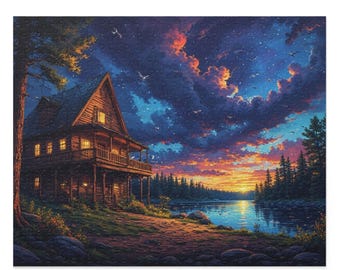 May include: A completed jigsaw puzzle depicting a cabin at dusk. The wooden cabin has lit windows and a porch overlooking a lake. The sky is filled with stars, clouds, and the colors of a sunset. The puzzle is rectangular.
