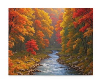 May include: A jigsaw puzzle showing an autumnal forest scene. The image presents a river winding through a forest with trees in shades of red, orange, and yellow. The puzzle pieces are connected, forming a complete image.