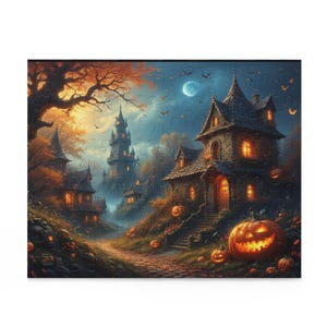 May include: A Halloween-themed jigsaw puzzle featuring a spooky village scene. The image depicts a path leading to a house with glowing windows, surrounded by jack-o'-lanterns and a full moon. The color palette includes orange, brown, and blue.