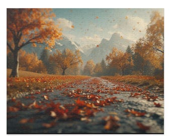 May include: A jigsaw puzzle depicting an autumnal scene. A road is covered in red and orange leaves, with trees displaying golden foliage. The background shows a mountain range and a cloudy sky. The puzzle is square in shape.