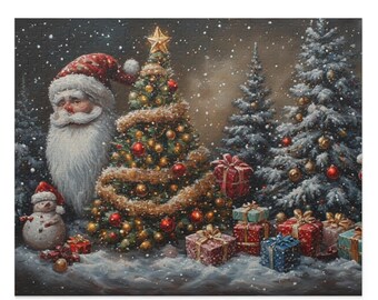 May include: A Christmas-themed puzzle featuring Santa Claus, a snowman, and decorated Christmas trees. The trees are adorned with ornaments and tinsel, with wrapped gifts at the base. Snow is falling, creating a festive winter scene.