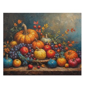 May include: A still life painting featuring a variety of autumn produce. The composition includes pumpkins, grapes, apples, and gourds in shades of orange, red, yellow, and blue. The arrangement is set on a wooden surface.