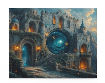 May include: A completed jigsaw puzzle depicting a fantasy castle with a swirling galaxy portal. The castle is made of gray stone, with arched doorways, towers, and glowing lights. The puzzle features a detailed illustration with a blue and purple color scheme.