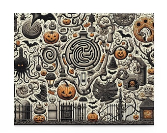 May include: A Halloween-themed artwork featuring a collage of spooky elements. The design includes jack-o'-lanterns, bats, tombstones, and a maze. The color palette is primarily black, orange, and cream, creating a festive and eerie atmosphere.
