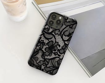 Vintage Lace Phone Case Elegant Black Flower Design iPhone 17, 16, 15, 14, 13, 12 Plus Pro Max, Samsung S25, S24, S23, S22 Plus Ultra.