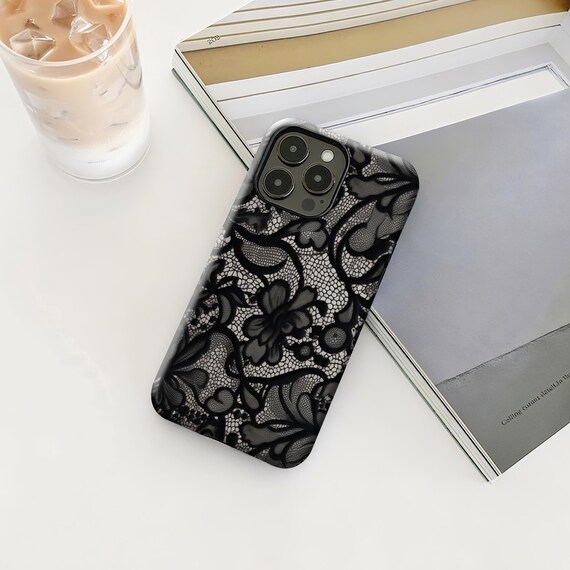 Vintage Lace Phone Case Elegant Black Flower Design iPhone 17, 16, 15, 14, 13, 12 Plus Pro Max, Samsung S25, S24, S23, S22 Plus Ultra.