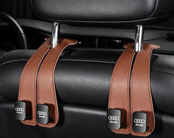 Car Headrest Hooks For Audi Owners, PU Leather Hanger Straps, Vehicle Seat Storage Accessory