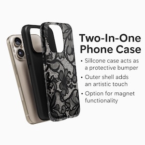 May include: A two-in-one phone case with a black lace design. The image shows a gold phone, a black silicone case, and a clear outer shell with a black floral lace pattern. Text on the right says "Two-In-One Phone Case".
