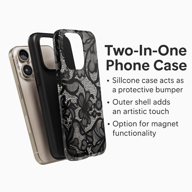 May include: A two-in-one phone case with a black lace design. The image shows a gold phone, a black silicone case, and a clear outer shell with a black floral lace pattern. Text on the right says "Two-In-One Phone Case".