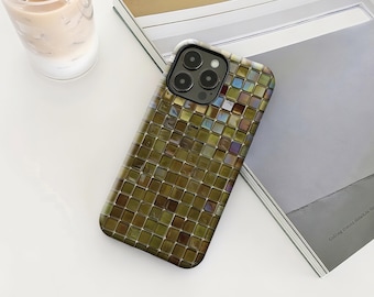 Mediterranean Mosaic Tile Phone Case,Abstract Artistic Tile Grid Design,iPhone 17/16/15/14/13/12 Plus/Pro Max Samsung S25/S24/S23/S22 Plus.