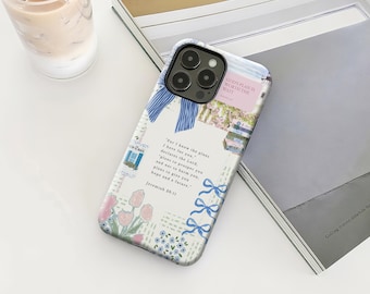 Collage Phone Case, Light Blue Bow Cute Jesus God Bible Verse Cover,iPhone 17/16/15/14/13/12 Plus/Pro Max and Samsung S25/S24/S23/S22 Plus.