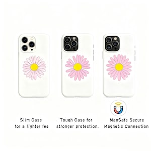 May include: Three white phone cases with a pink daisy design and a yellow center. The cases are labeled "Slim Case", "Tough Case", and "MagSafe Secure". The text on the cases reads "for a lighter fee", "stronger protection", and "Magnetic Connection".