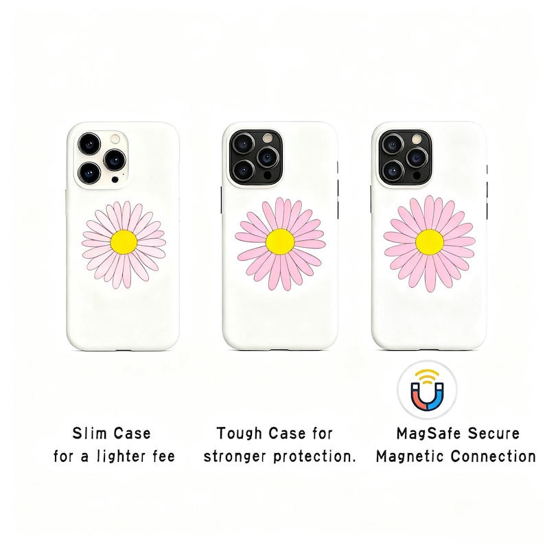 May include: Three white phone cases with a pink daisy design and a yellow center. The cases are labeled "Slim Case", "Tough Case", and "MagSafe Secure". The text on the cases reads "for a lighter fee", "stronger protection", and "Magnetic Connection".