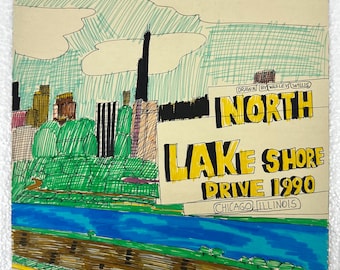 Wesley Willis Drawing Art Ballpoint Pen on Crescent Board. North Lake Shore Drive 1990