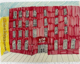 Tekening van Wesley Willis, balpen op papier.