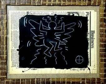 Keith Haring Drawing Untitled(Angel) Art Chalk on Newspaper 1981. Framed