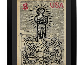 Tekening van Keith Haring, inktmarker op krantenpapier, 1981. Ingelijst.