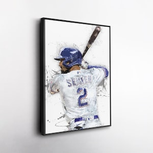 May include: Baseball art print featuring a baseball player in a white jersey with the name "SEMIEN" and the number "2" on the back. The player is wearing a blue helmet and holding a baseball bat. The artwork has a watercolor effect.