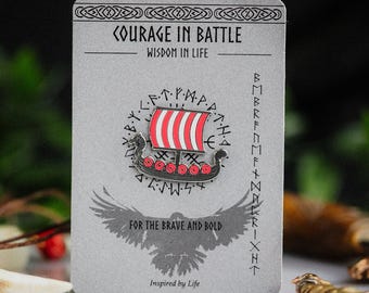 Viking longship enamel pin – sail & shield design