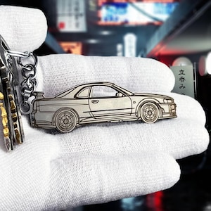 以下が含まれることがあります： 銀色の車の形をしたキーホルダー。 キーホルダーは、スポイラーとカスタムホイールを備えたスポーツカーの詳細なアウトラインが特徴です。 車は他のキーが付いたチェーンに取り付けられています。 背景はぼやけています。