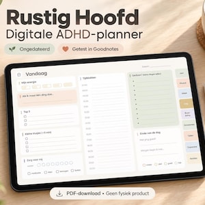 Op de afbeelding: Een digitale planner op een tabletscherm met de tekst Rustig Hoofd Digitale ADHD-planner, Vandaag, Tijdblokken en Gedoan. De interface bevat secties voor energie bijhouden, dagelijkse taken, tijdsblokken en zelfzorglijsten.