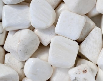 May include: A close-up shot of a collection of smooth, white tumbled stones. The stones vary in shape, from rounded to more angular, and have a slightly glossy finish. Some stones have subtle, natural markings.