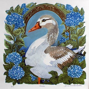 Goose Linocut Print – Handmade Reduction Linocut – Farm Animal Wall Art – Limited Edition Bird Print – Rustic Cottagecore Decor