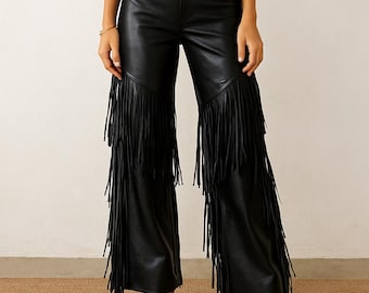 Handmade High Waisted Leather Fringe Pants: Western Festival Outfit, Cowgirl Style, Bell Bottom